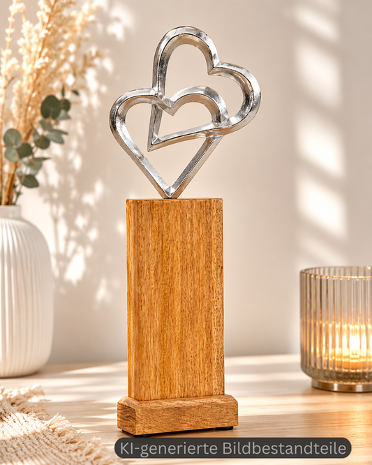 Holz-Säule mit Doppel-Metallherzen