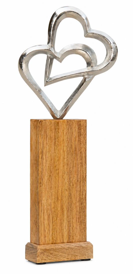 Holz-Säule mit Doppel-Metallherzen