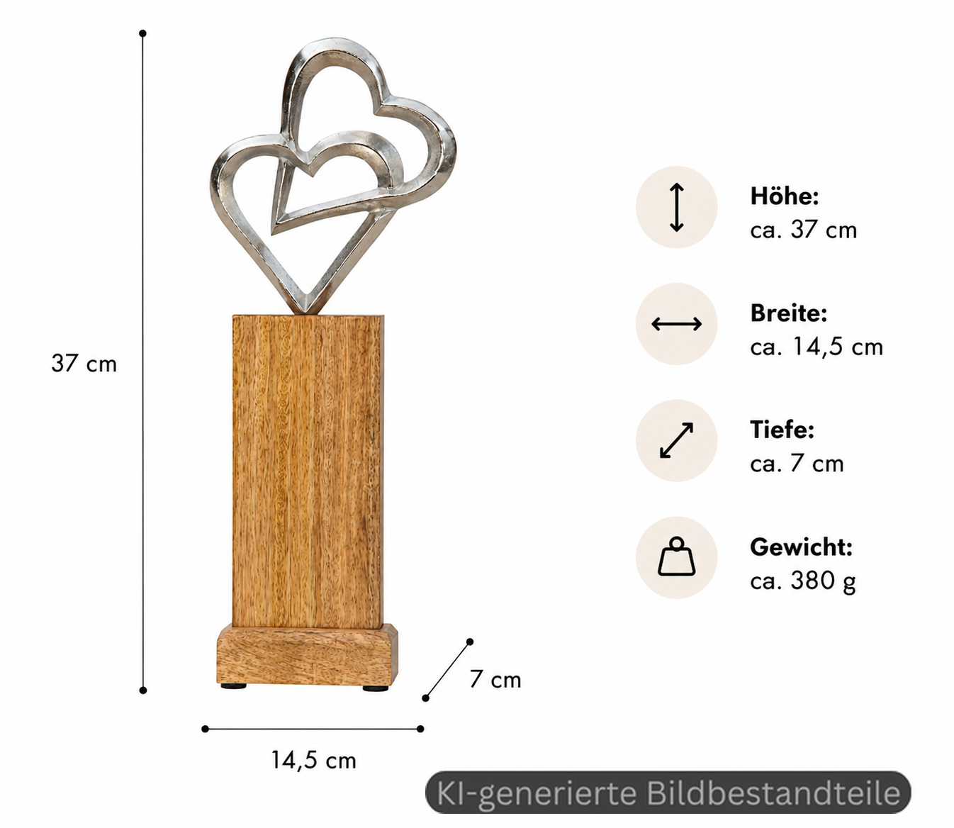 Holz-Säule mit Doppel-Metallherzen
